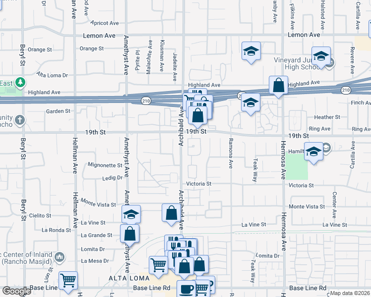 map of restaurants, bars, coffee shops, grocery stores, and more near 6756 Shaded Wood Place in Rancho Cucamonga