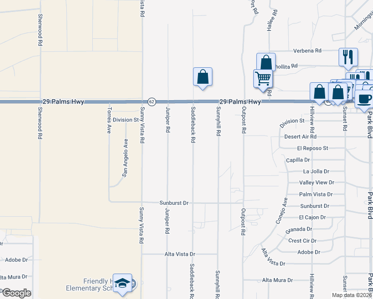 map of restaurants, bars, coffee shops, grocery stores, and more near 6690 Saddleback Road in Joshua Tree