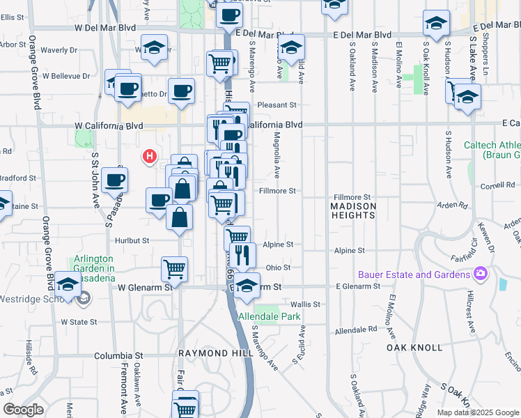 map of restaurants, bars, coffee shops, grocery stores, and more near 818 South Marengo Avenue in Pasadena