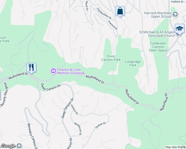 map of restaurants, bars, coffee shops, grocery stores, and more near 13511 Mulholland Drive in Beverly Hills