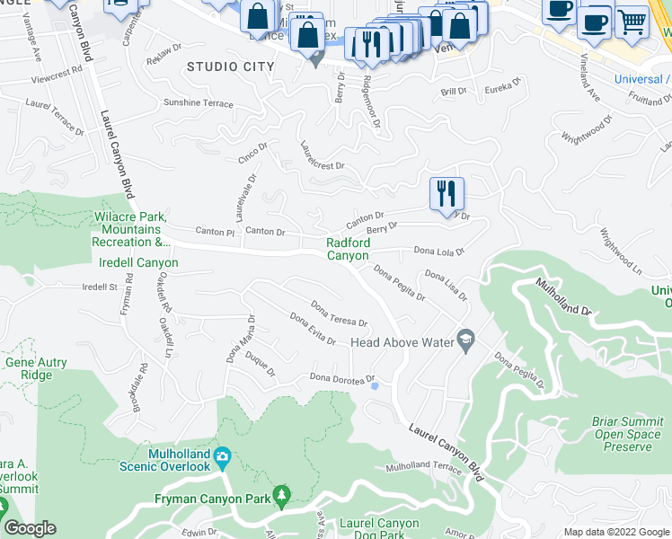 map of restaurants, bars, coffee shops, grocery stores, and more near 3191 Laurel Canyon Boulevard in Los Angeles