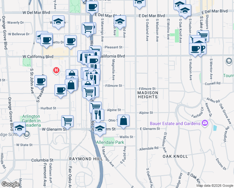 map of restaurants, bars, coffee shops, grocery stores, and more near 832 Magnolia Avenue in Pasadena