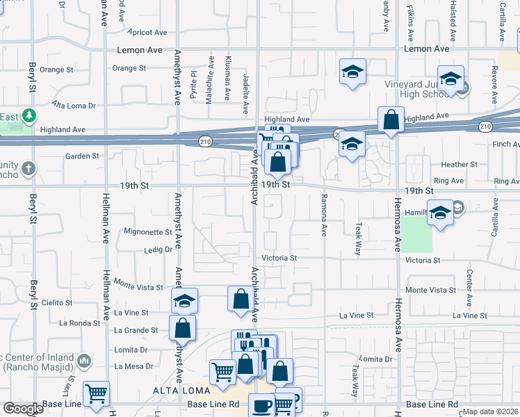 map of restaurants, bars, coffee shops, grocery stores, and more near 6756 Shaded Wood Place in Rancho Cucamonga