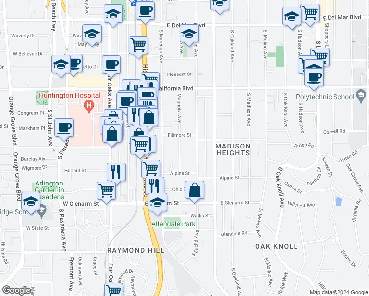 map of restaurants, bars, coffee shops, grocery stores, and more near 832 Magnolia Avenue in Pasadena