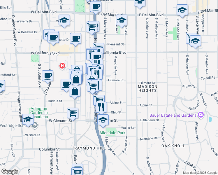 map of restaurants, bars, coffee shops, grocery stores, and more near 881 South Marengo Avenue in Pasadena