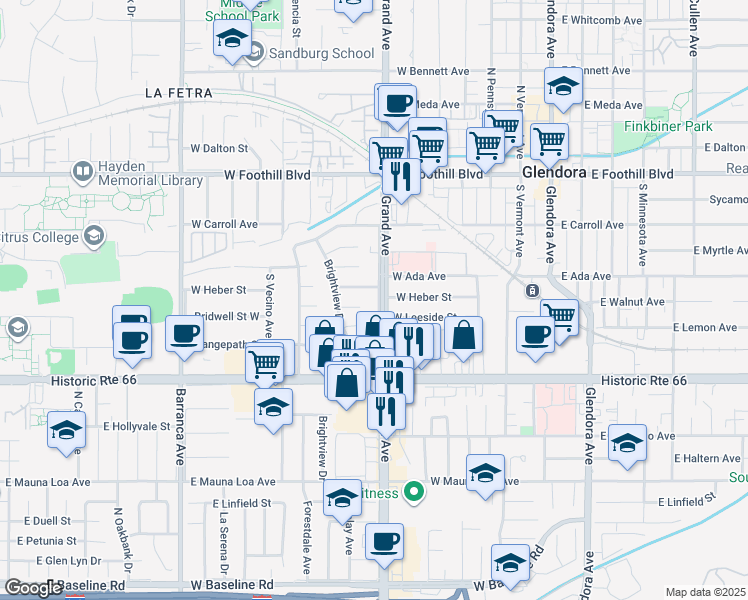 map of restaurants, bars, coffee shops, grocery stores, and more near 325 South Grand Avenue in Glendora