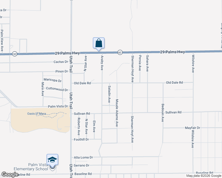 map of restaurants, bars, coffee shops, grocery stores, and more near 6733 Saladin Avenue in Twentynine Palms