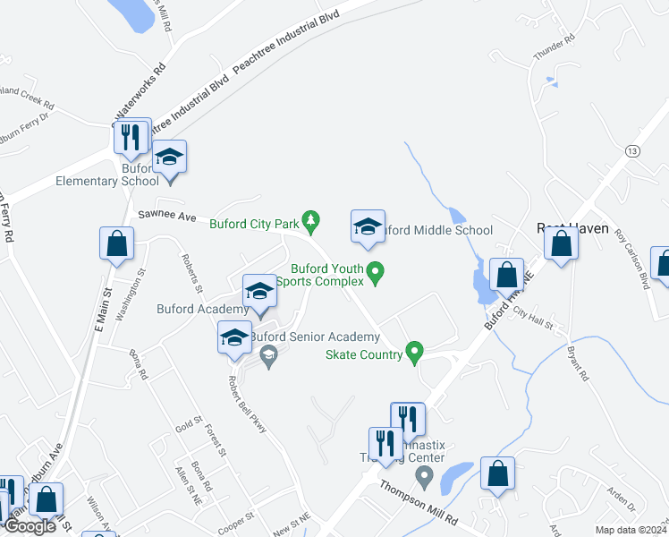 map of restaurants, bars, coffee shops, grocery stores, and more near 1253-1353 Sawnee Avenue in Buford