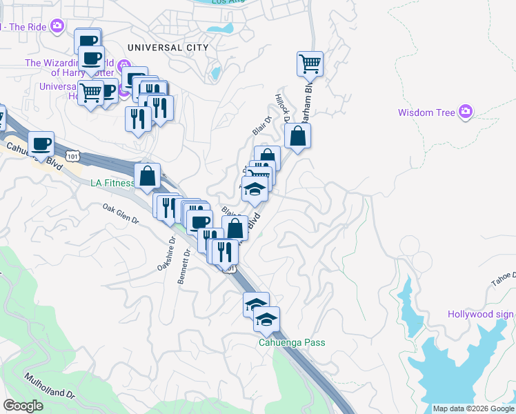 map of restaurants, bars, coffee shops, grocery stores, and more near 3325 Barham Boulevard in Los Angeles