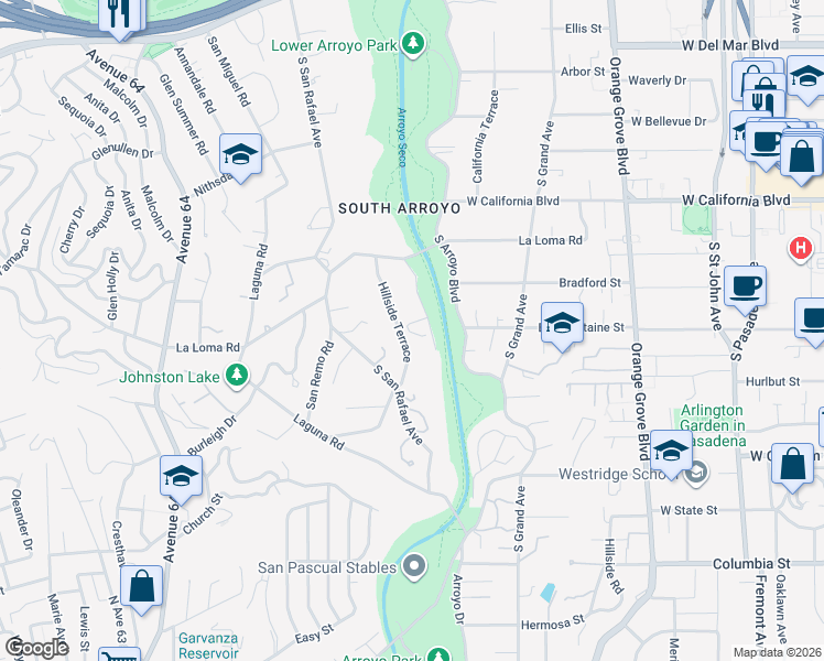 map of restaurants, bars, coffee shops, grocery stores, and more near 707 Rockwood Road in Pasadena