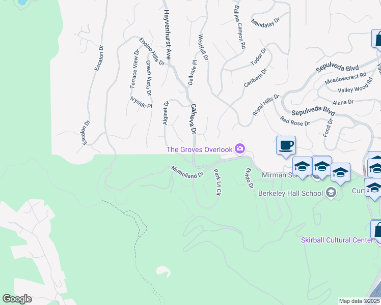 map of restaurants, bars, coffee shops, grocery stores, and more near 16582 Calneva Drive in Los Angeles