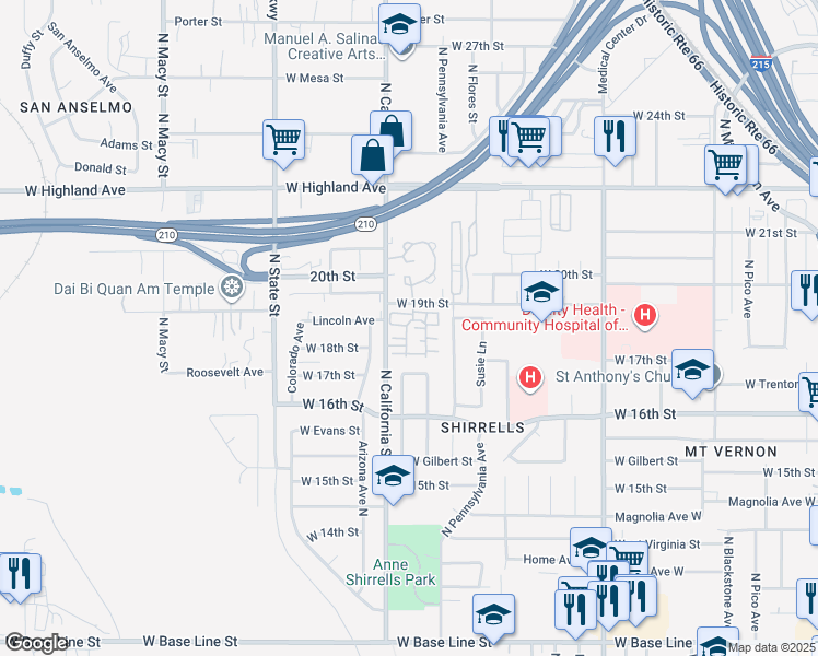map of restaurants, bars, coffee shops, grocery stores, and more near 1865 North Clyde Street in San Bernardino