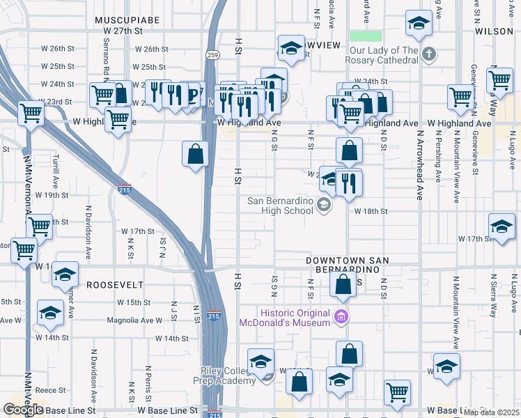map of restaurants, bars, coffee shops, grocery stores, and more near 738 West 18th Street in San Bernardino