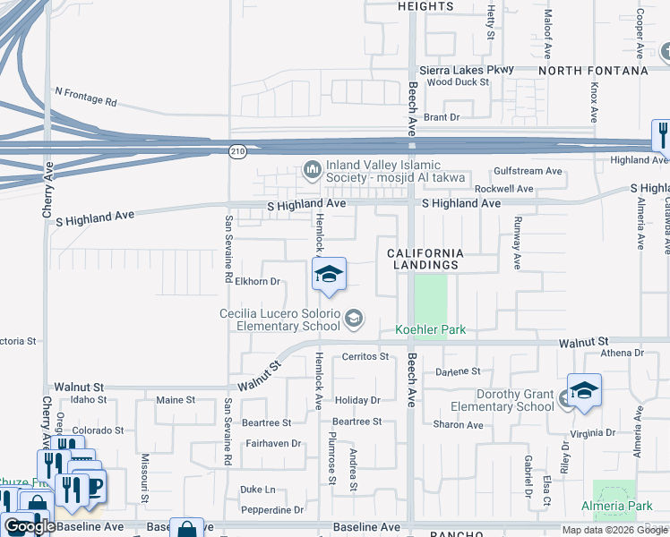map of restaurants, bars, coffee shops, grocery stores, and more near 15129 Wright Court in Fontana