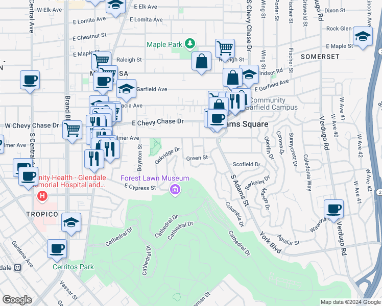 map of restaurants, bars, coffee shops, grocery stores, and more near Reynolds Drive in Glendale