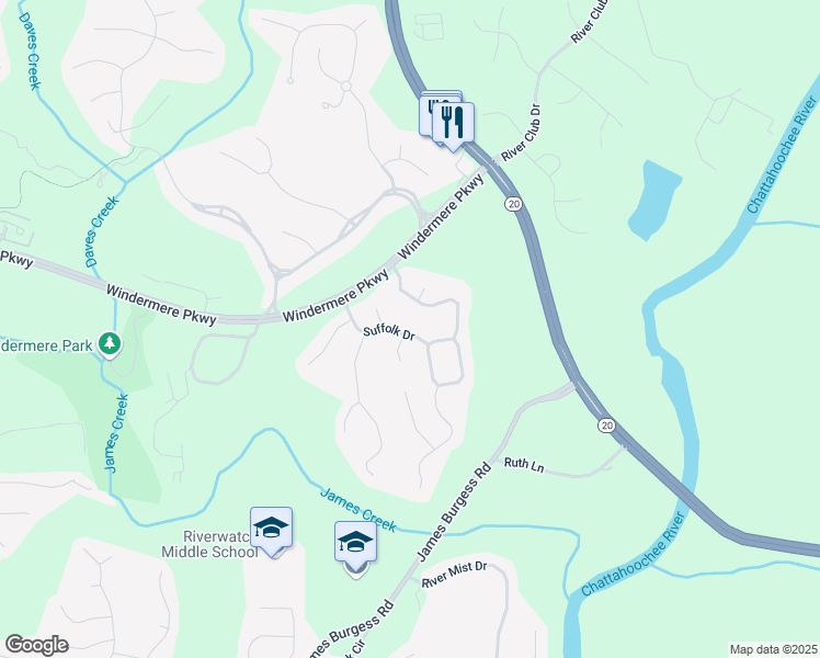 map of restaurants, bars, coffee shops, grocery stores, and more near 3305 Suffolk Drive in Cumming