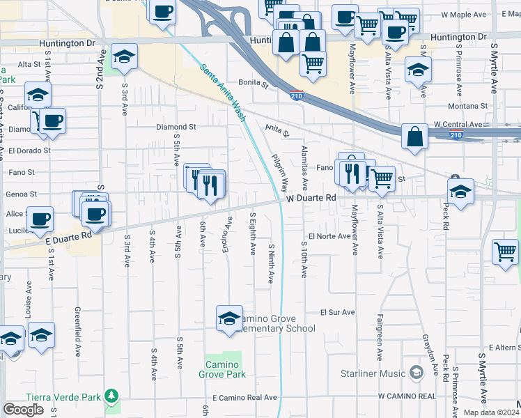 map of restaurants, bars, coffee shops, grocery stores, and more near 1814 South Eighth Avenue in Monrovia