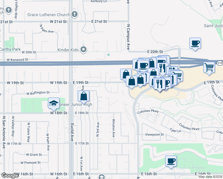 map of restaurants, bars, coffee shops, grocery stores, and more near Lemon House Court in Upland