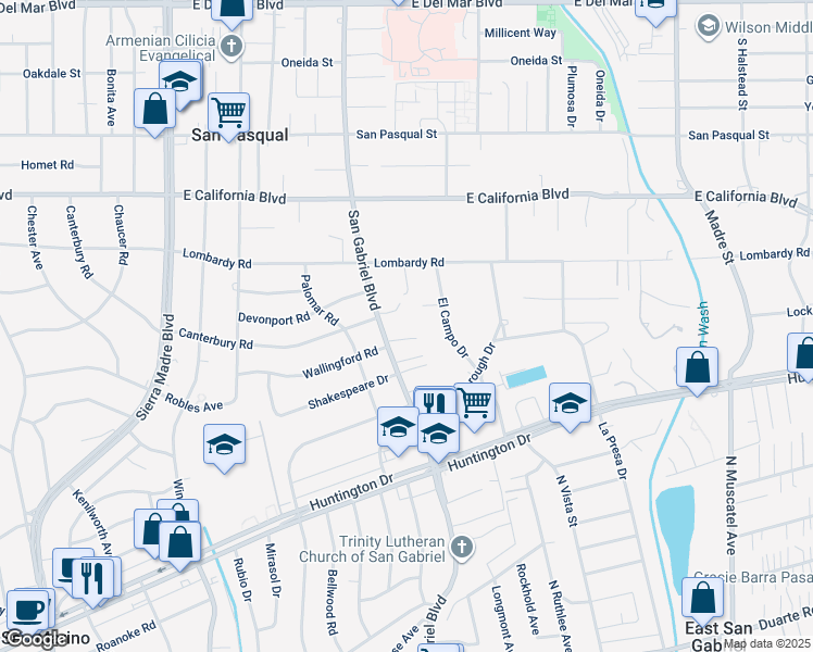 map of restaurants, bars, coffee shops, grocery stores, and more near 918 South San Gabriel Boulevard in Pasadena