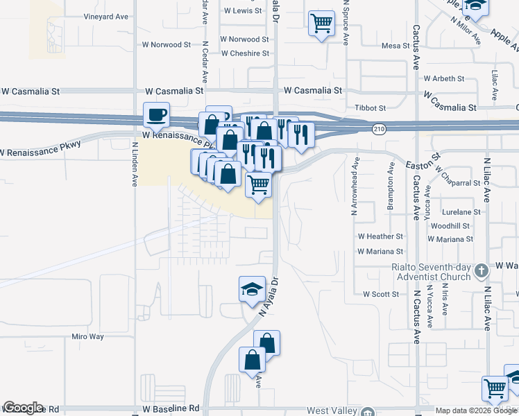 map of restaurants, bars, coffee shops, grocery stores, and more near 1554 North Ayala Drive in Rialto