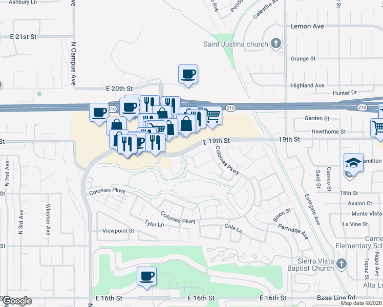 map of restaurants, bars, coffee shops, grocery stores, and more near 1267 Kendra Lane in Upland