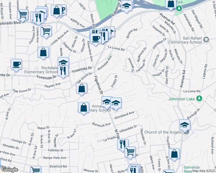 map of restaurants, bars, coffee shops, grocery stores, and more near Poppy Street in Los Angeles