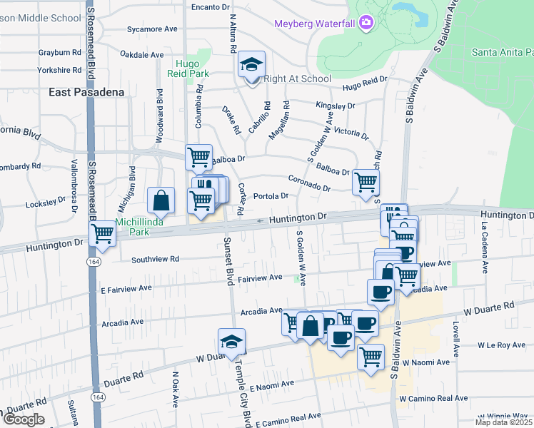 map of restaurants, bars, coffee shops, grocery stores, and more near 945 West Huntington Drive in Arcadia