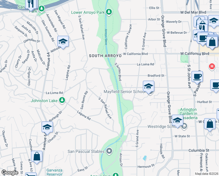 map of restaurants, bars, coffee shops, grocery stores, and more near 707 Rockwood Road in Pasadena