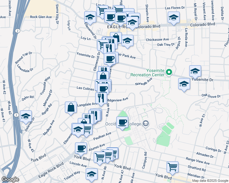 map of restaurants, bars, coffee shops, grocery stores, and more near 2127 Las Colinas Avenue in Los Angeles