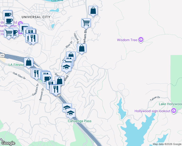 map of restaurants, bars, coffee shops, grocery stores, and more near 3410 La Sombra Drive in Los Angeles