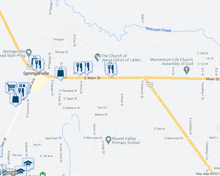 map of restaurants, bars, coffee shops, grocery stores, and more near 30 Chiricahua Drive in Springerville