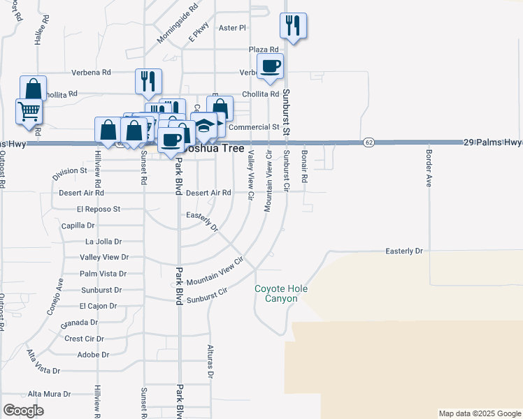 map of restaurants, bars, coffee shops, grocery stores, and more near 61956 Mountain View Circle in Joshua Tree