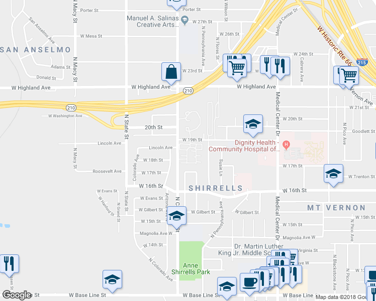 map of restaurants, bars, coffee shops, grocery stores, and more near 1860 Ladds Court in San Bernardino