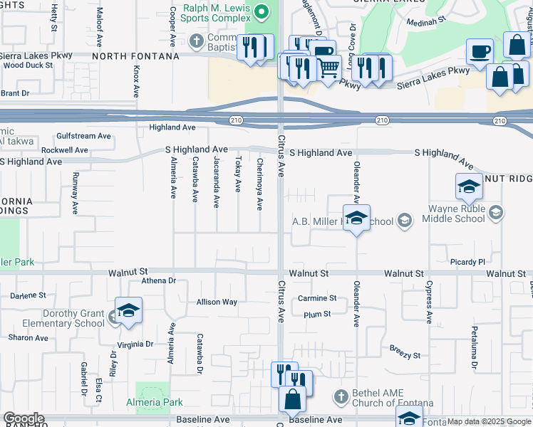 map of restaurants, bars, coffee shops, grocery stores, and more near 6771 Cherimoya Avenue in Fontana