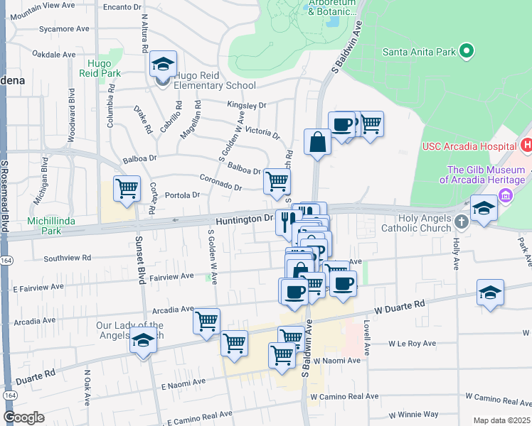 map of restaurants, bars, coffee shops, grocery stores, and more near 772 West Huntington Drive in Arcadia