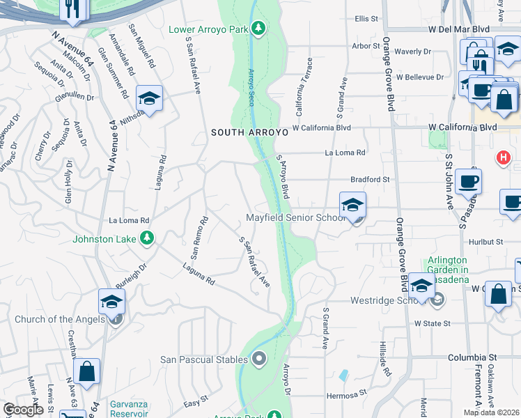 map of restaurants, bars, coffee shops, grocery stores, and more near 744 Rockwood Road in Pasadena