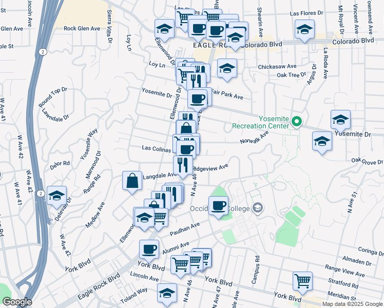 map of restaurants, bars, coffee shops, grocery stores, and more near 4729 Eagle Rock Boulevard in Los Angeles