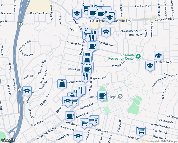 map of restaurants, bars, coffee shops, grocery stores, and more near 4729 Eagle Rock Boulevard in Los Angeles