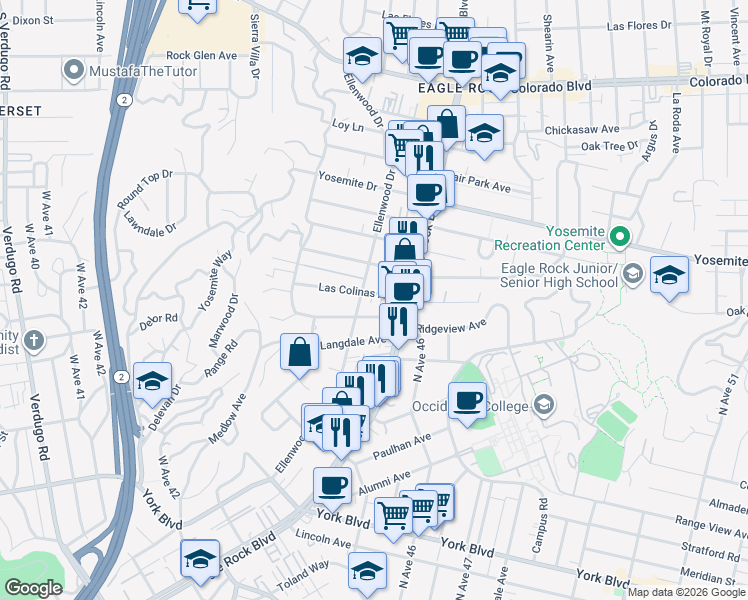 map of restaurants, bars, coffee shops, grocery stores, and more near 2339 Ridgeview Avenue in Los Angeles