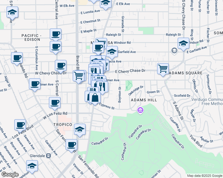 map of restaurants, bars, coffee shops, grocery stores, and more near 1241 Boynton Street in Glendale