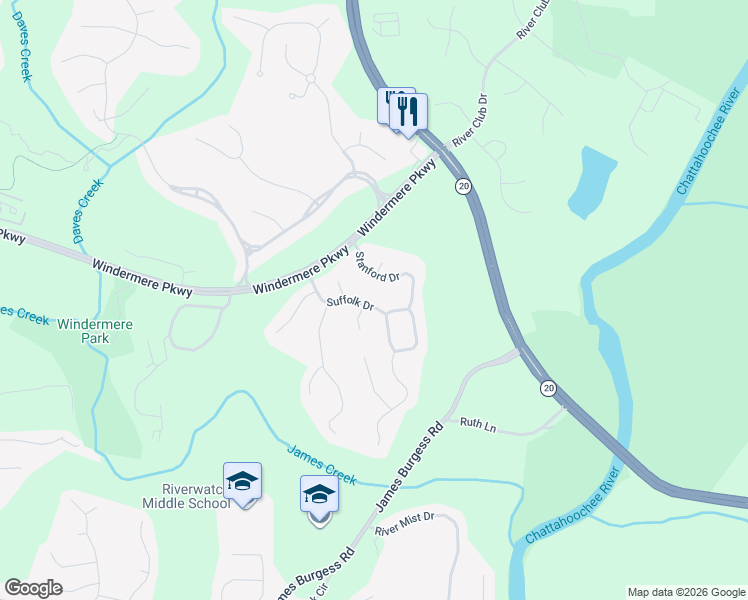 map of restaurants, bars, coffee shops, grocery stores, and more near 3410 Slater Street in Cumming
