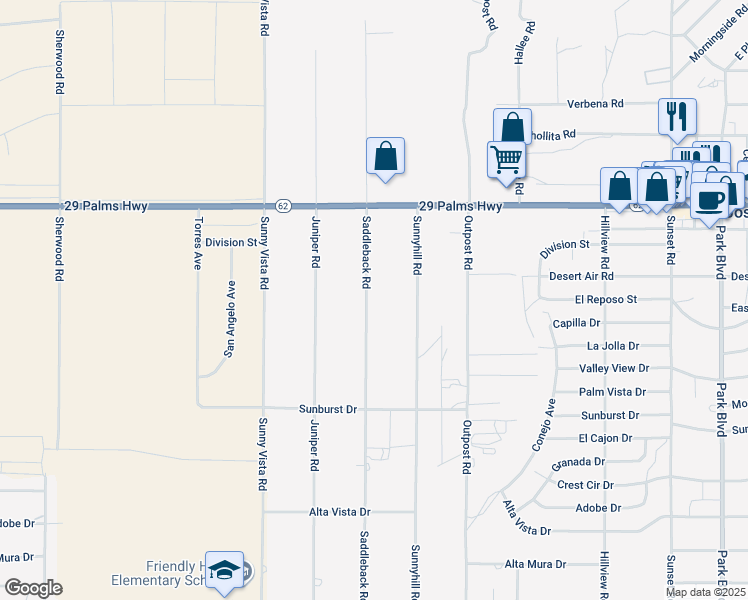 map of restaurants, bars, coffee shops, grocery stores, and more near 6689 Saddleback Road in Joshua Tree
