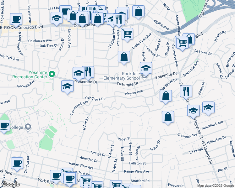 map of restaurants, bars, coffee shops, grocery stores, and more near 1491 Oak Grove Drive in Los Angeles