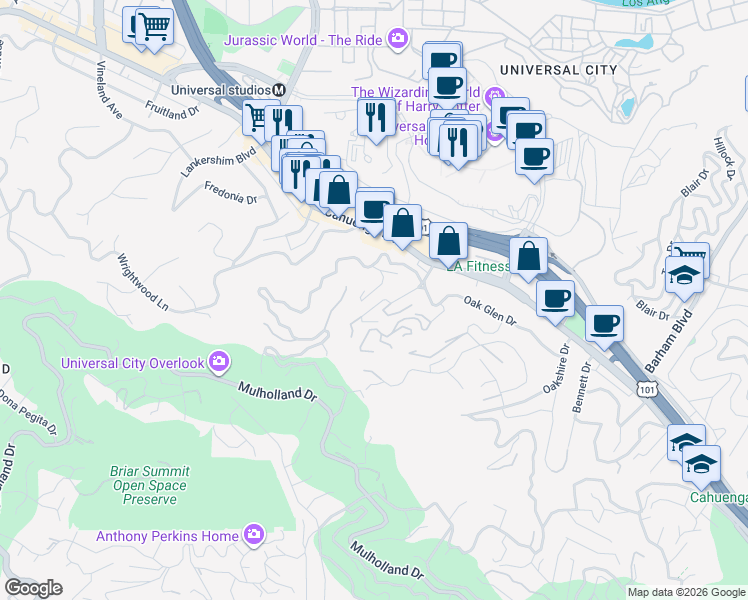 map of restaurants, bars, coffee shops, grocery stores, and more near Multiview Drive in Los Angeles