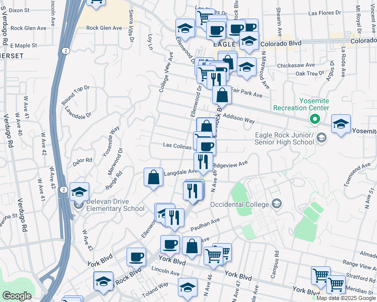 map of restaurants, bars, coffee shops, grocery stores, and more near 2242 Las Colinas Avenue in Los Angeles