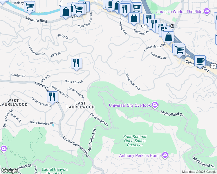 map of restaurants, bars, coffee shops, grocery stores, and more near 7863 Mulholland Drive in Los Angeles