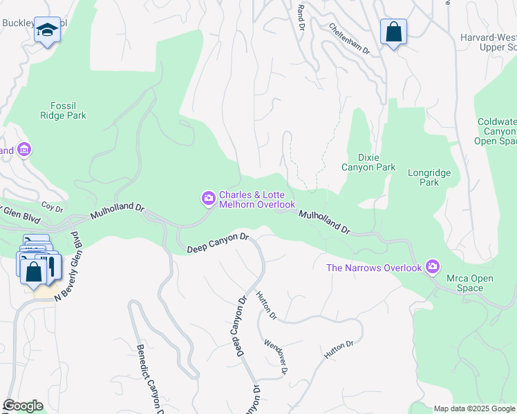 map of restaurants, bars, coffee shops, grocery stores, and more near 13679 Mulholland Drive in Beverly Hills