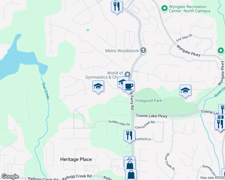 map of restaurants, bars, coffee shops, grocery stores, and more near 1001 Ashfern Walk in Woodstock
