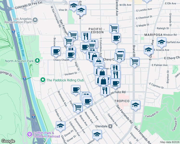 map of restaurants, bars, coffee shops, grocery stores, and more near 1242 Los Angeles Street in Glendale