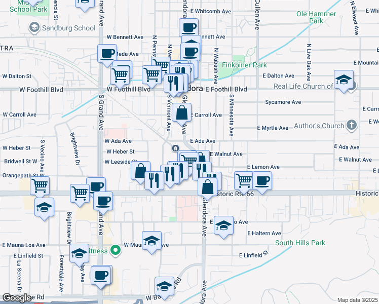 map of restaurants, bars, coffee shops, grocery stores, and more near 349 South Glendora Avenue in Glendora